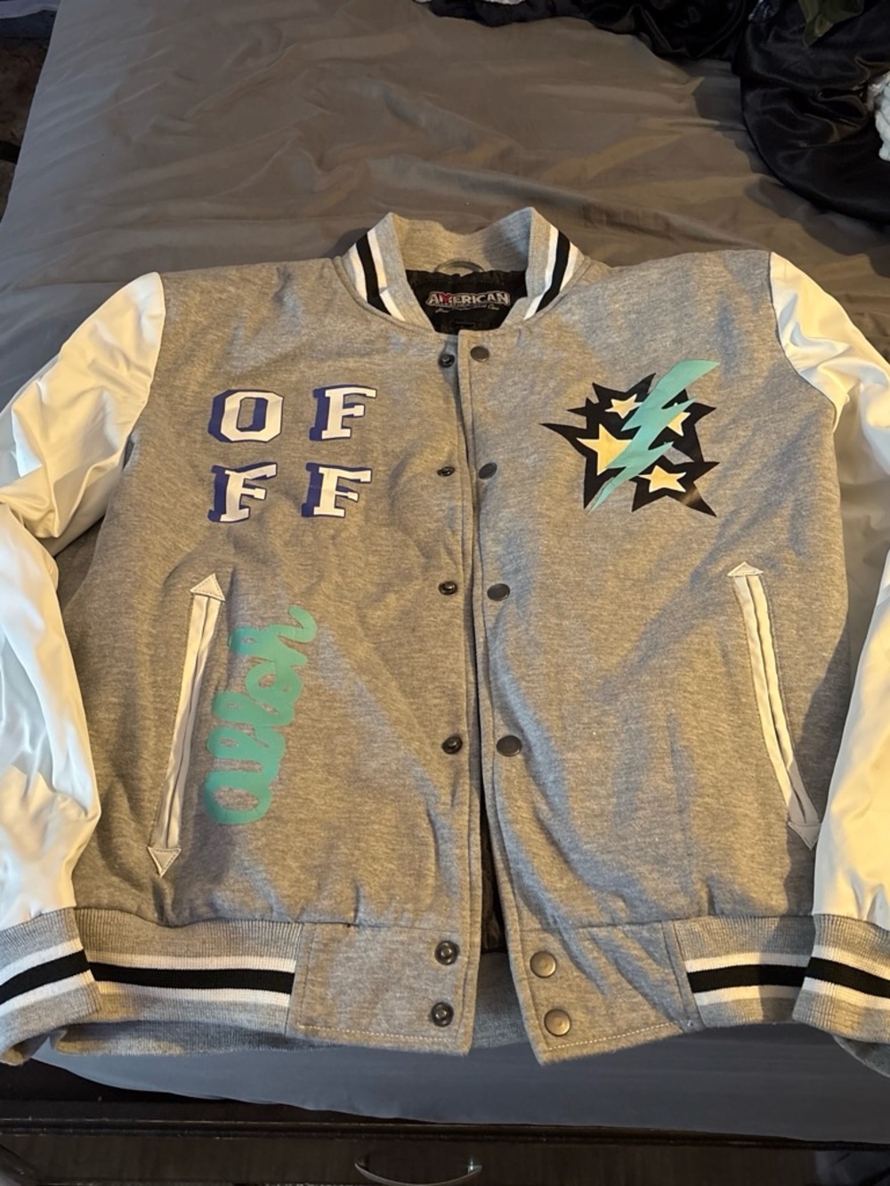 Grey and White Offwhite Lil Durk collab Varsity Jacket